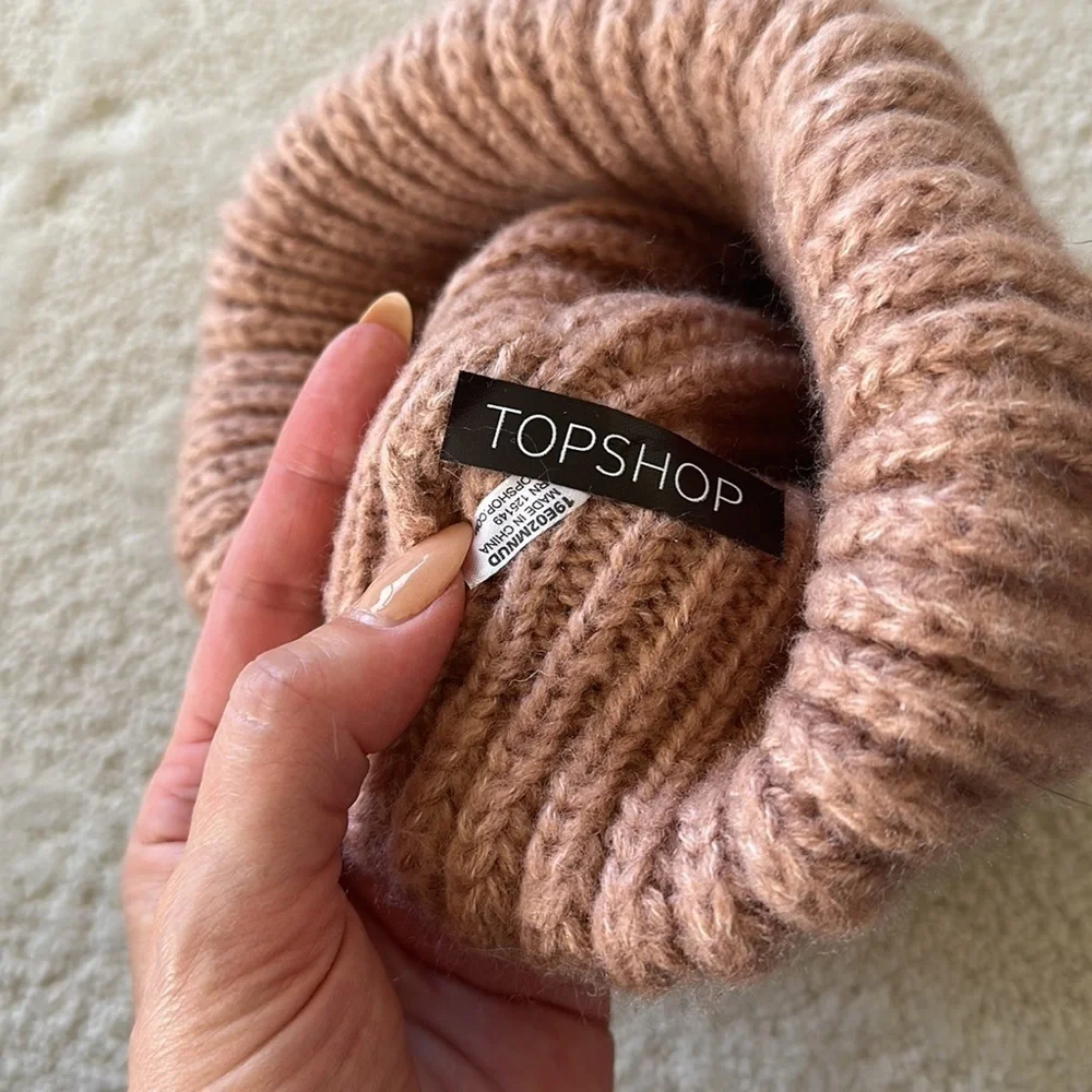 Topshop Nude Faux Fur Pompom Beanie